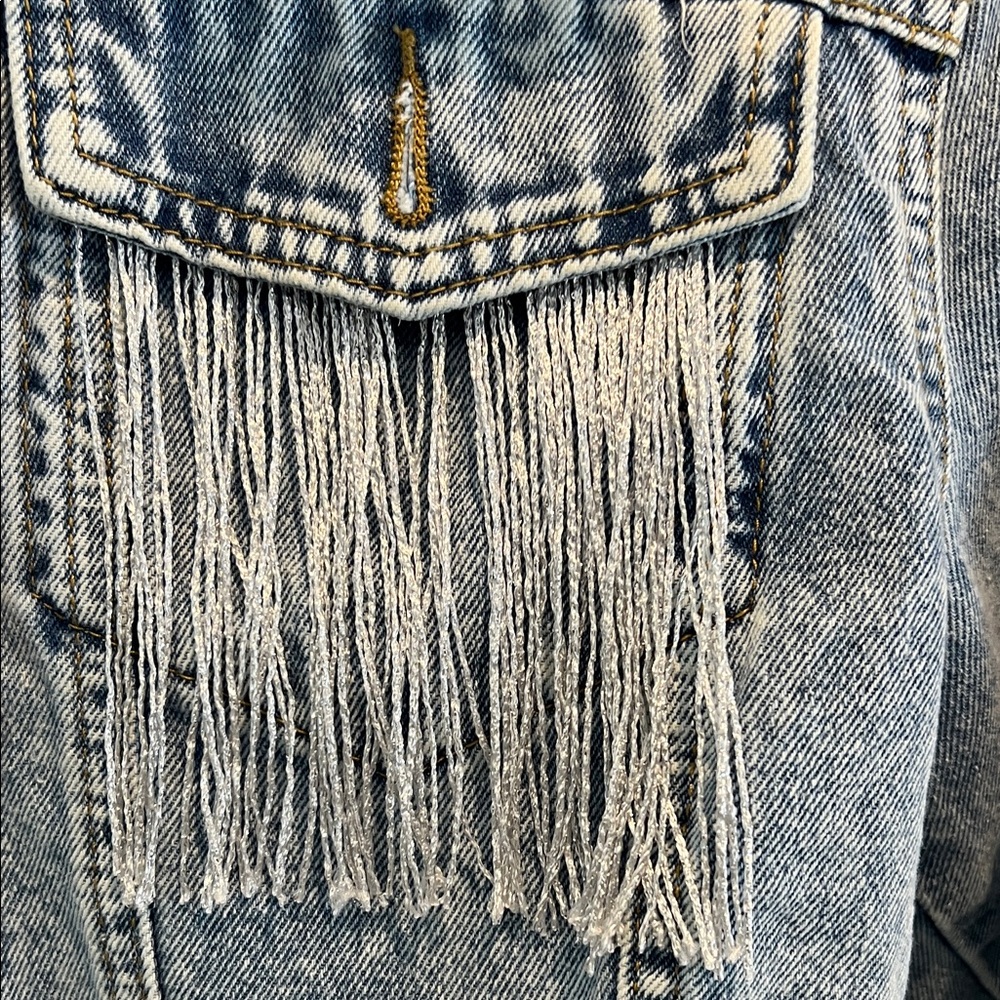 Fringe-Trimmed Light Blue Denim Jacket - Picture 5 of 7